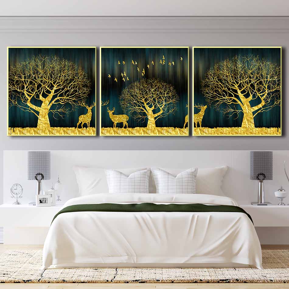 Bộ 3 tranh canvas treo tường Decor họa tiết cách điệu hươu và rừng cây, phong cách hiện đại - DC026