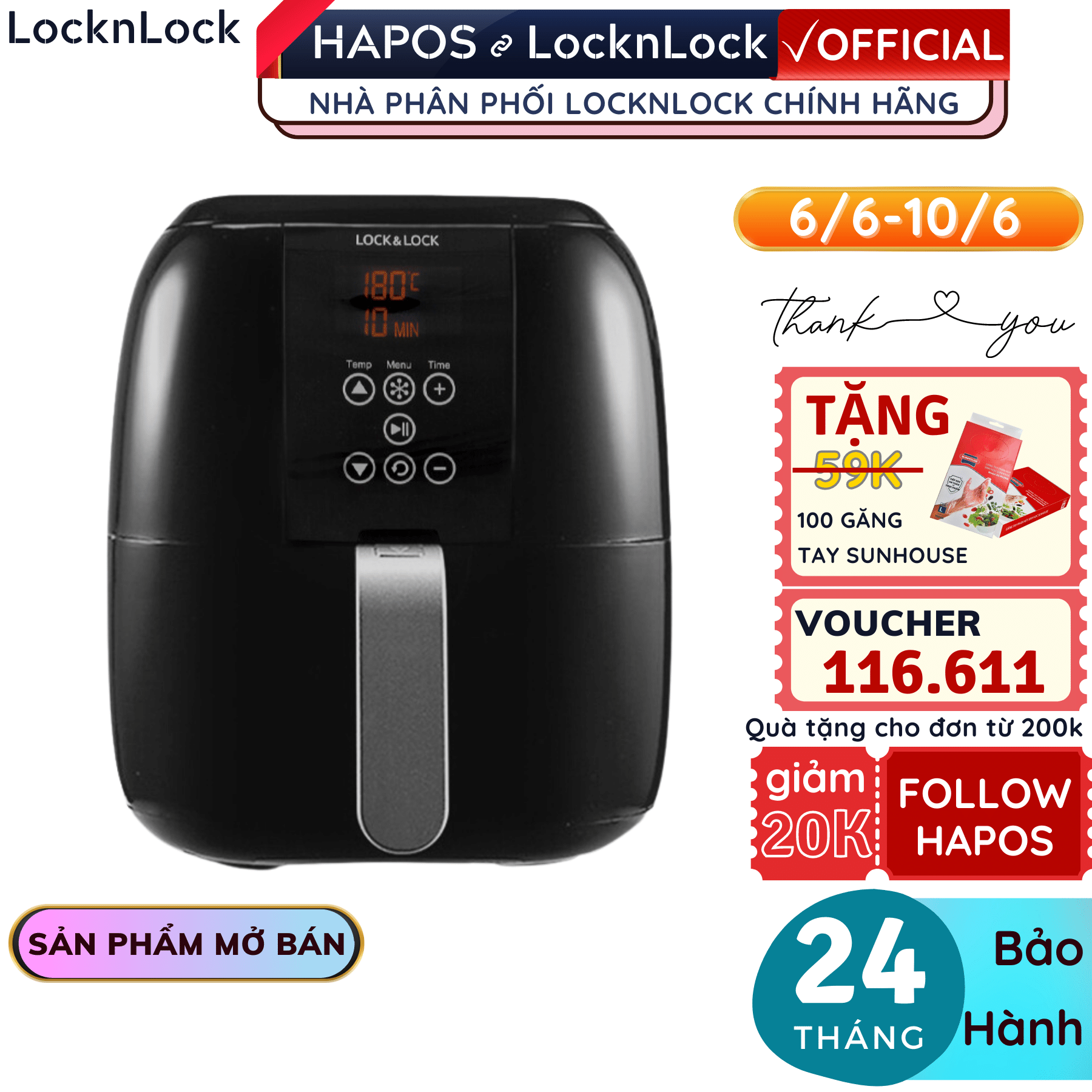 Nồi chiên không dầu điện tử Lock&amp;Lock ECF-300B 3 Lít - Hàng chính hãng, bảo hành 24 tháng, điều khiển cảm ứng - Hapos