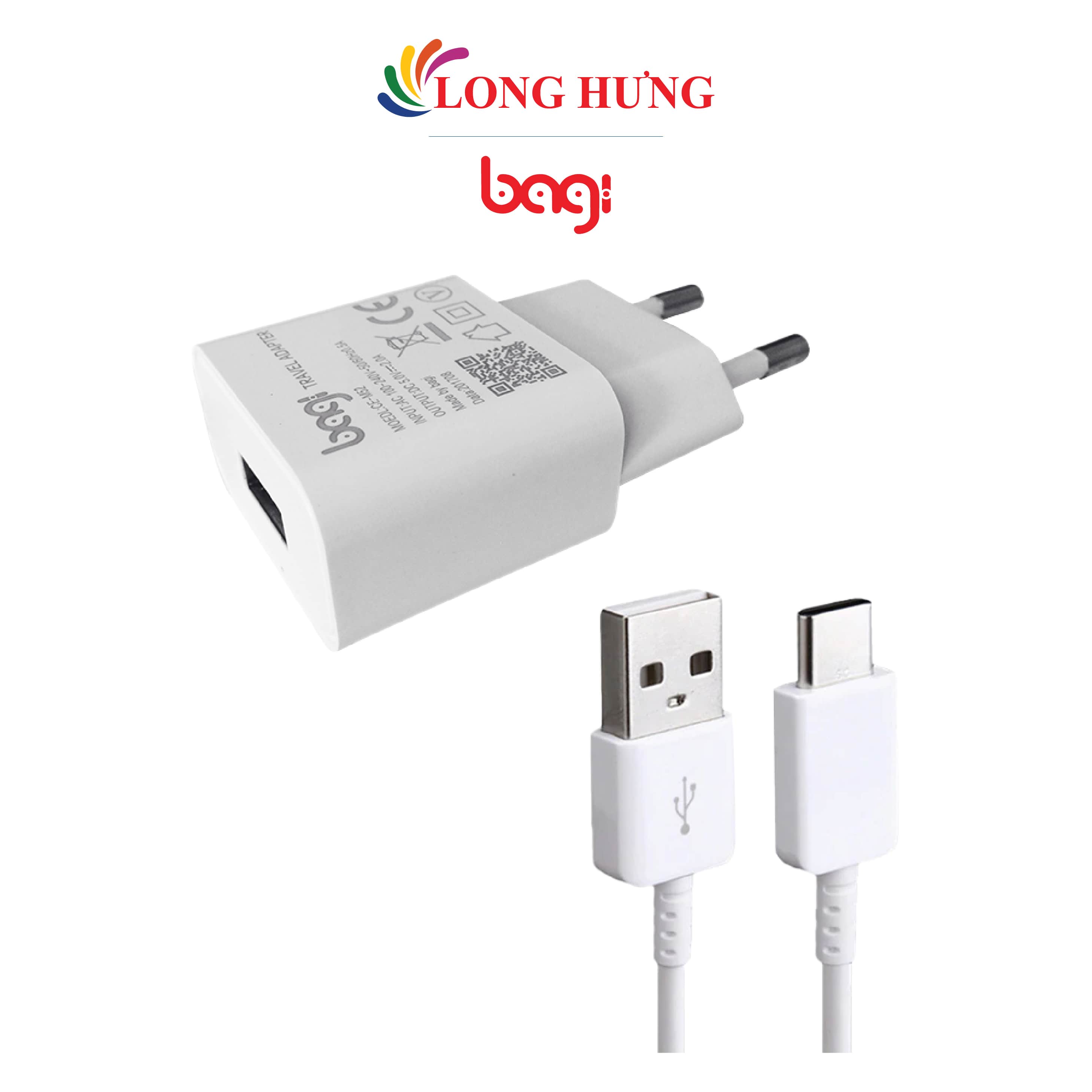 Combo cốc sạc Bagi 2A 1USB + Cáp USB Type-C 2.0 1.2m CB-C52 - Hàng chính hãng