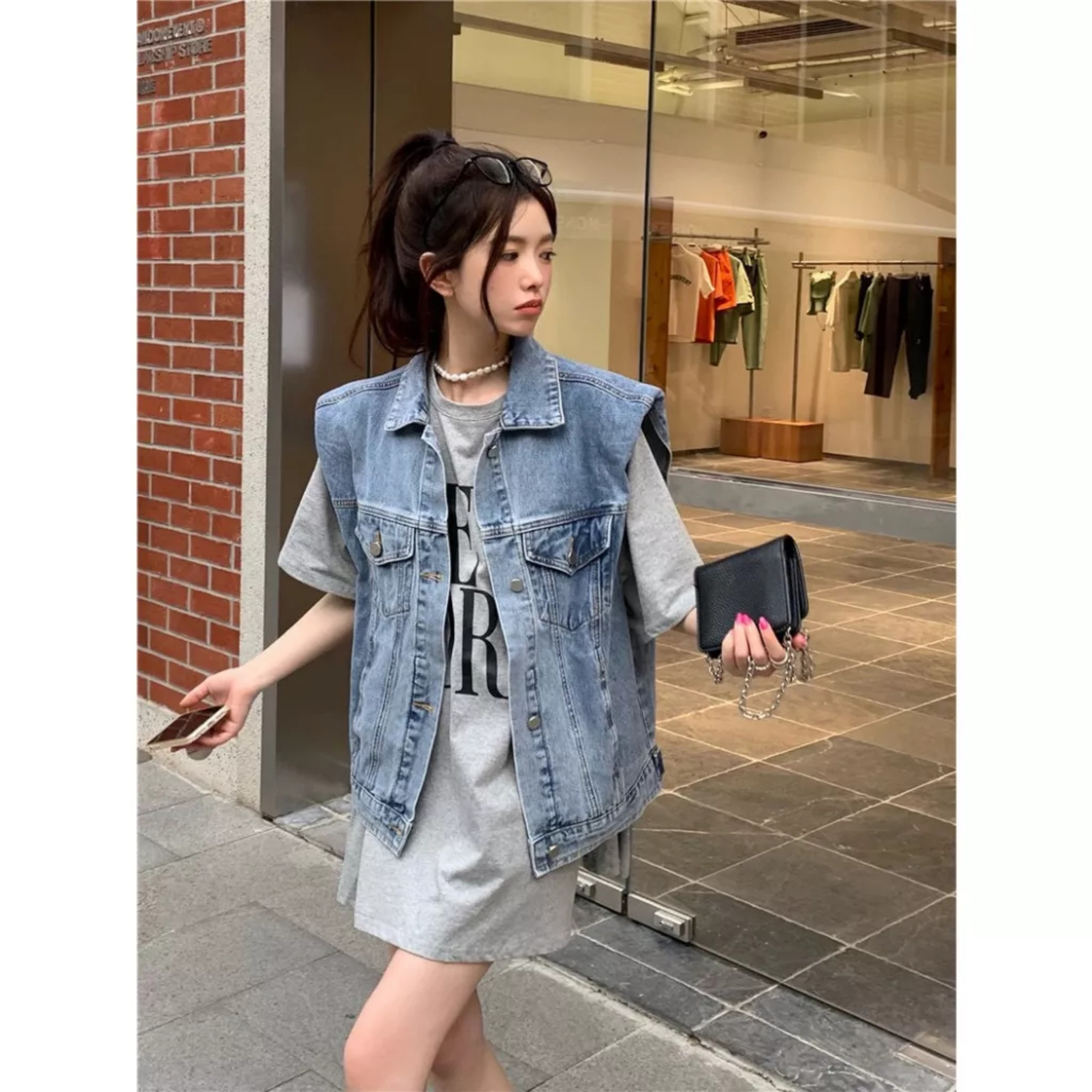 Áo Gile Jeans Denim Unisex Form Rộng Phong Cách Hàn Quốc Túi Hộp Dáng Dài Full Size