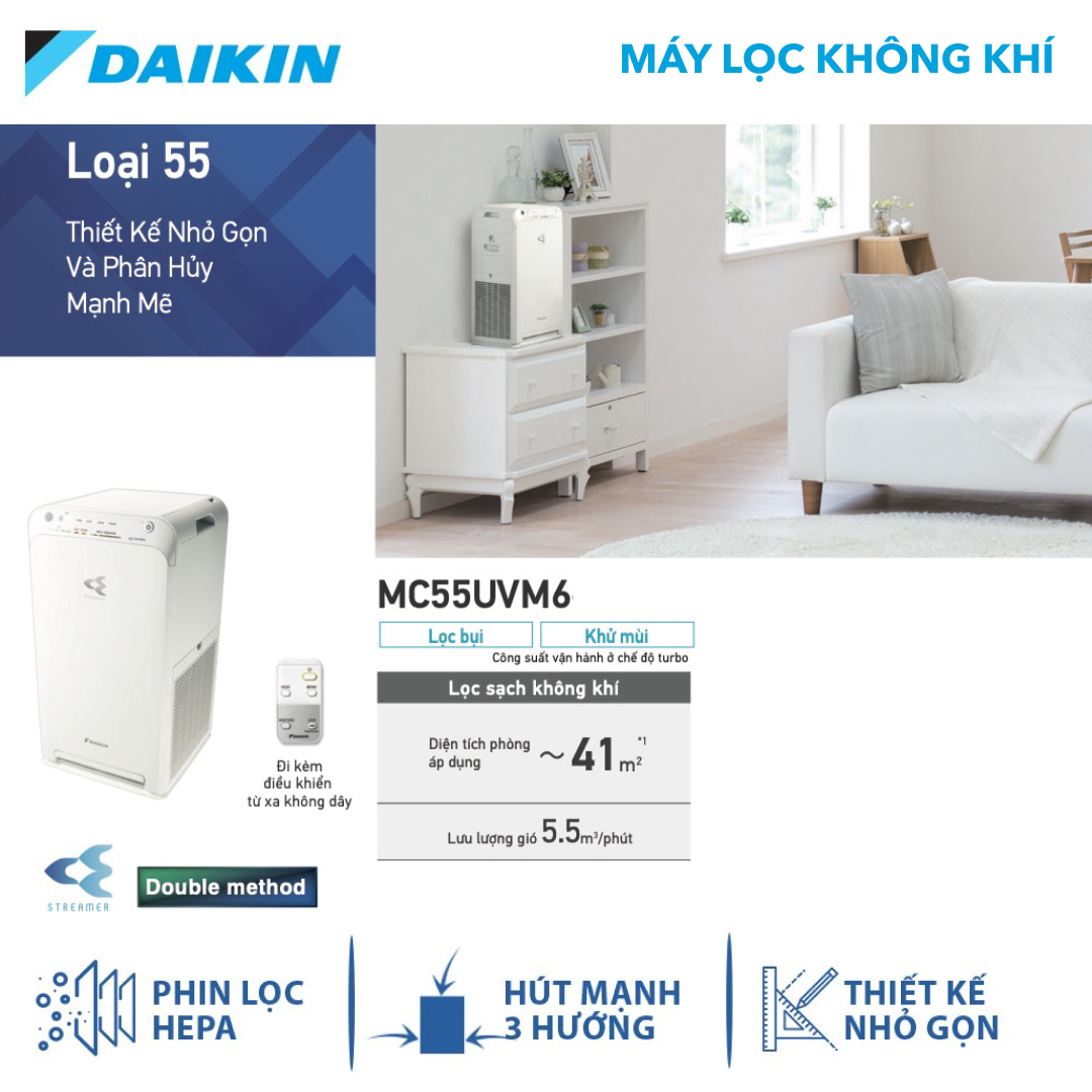 Máy Lọc Không Khí DAIKIN MC55UVM6-7 Phòng &lt; 41m2 HEPA, Streamer &amp; ION PLASMA - Hàng Chính Hãng DAIKIN