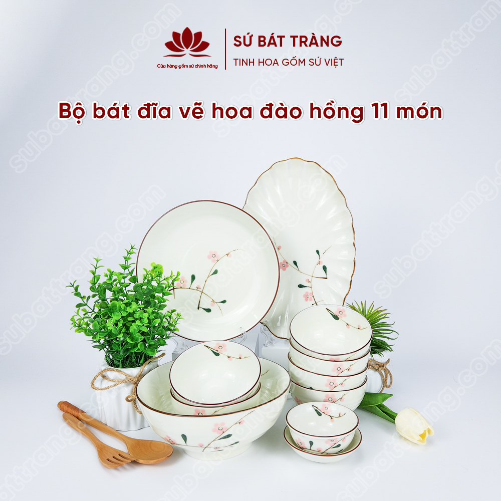 Bộ bát đĩa vẽ hoa đào hồng cao cấp Bát Tràng