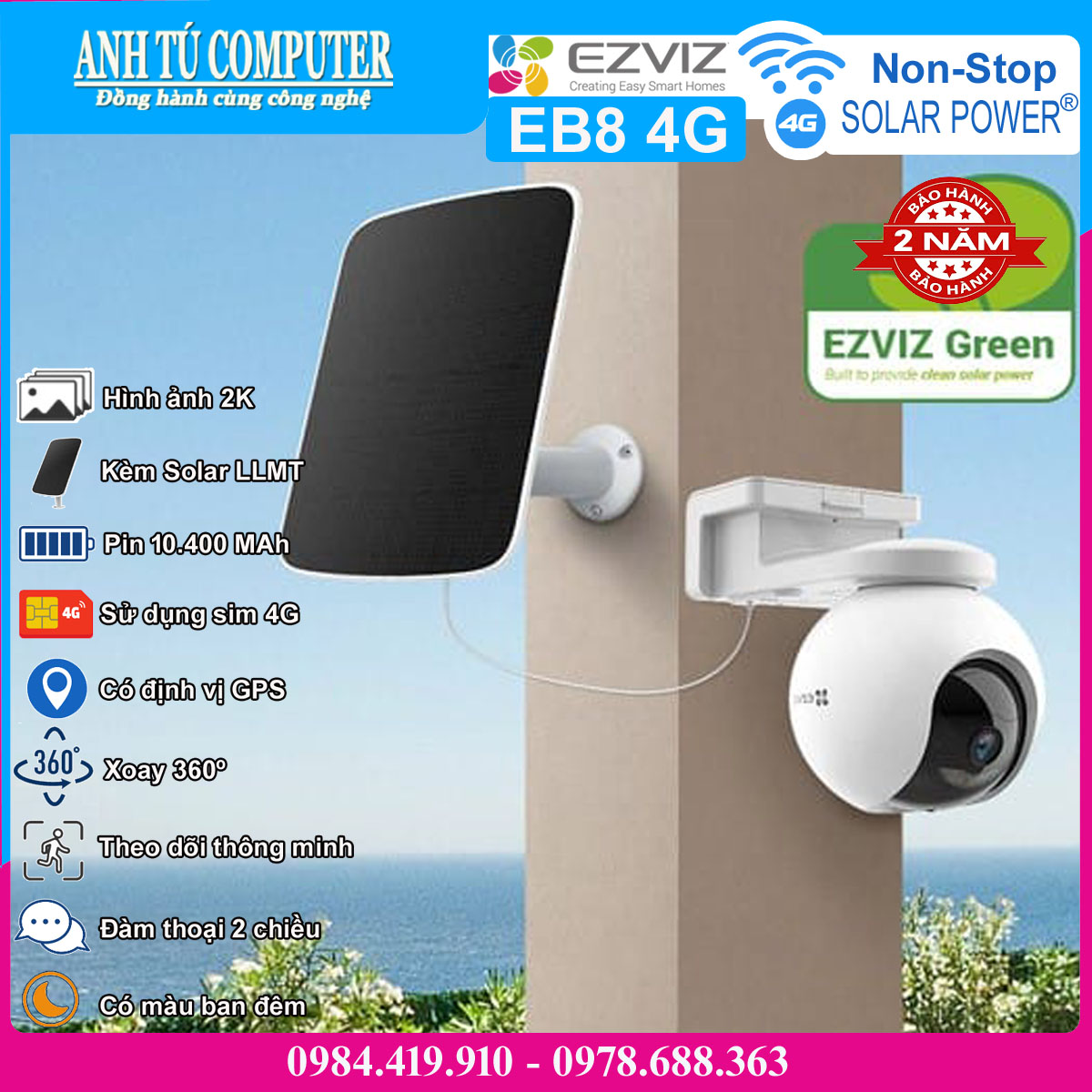 Camera 3MP 2K dùng sim 4G tích hợp pin và panel solar Ezviz EB8 hàng chính hãng