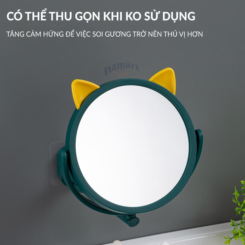Gương Trang Điểm Treo Tường Tai Mèo Hamart Gương Tròn Mini Dán Tường Nhà Tắm Xoay 360°