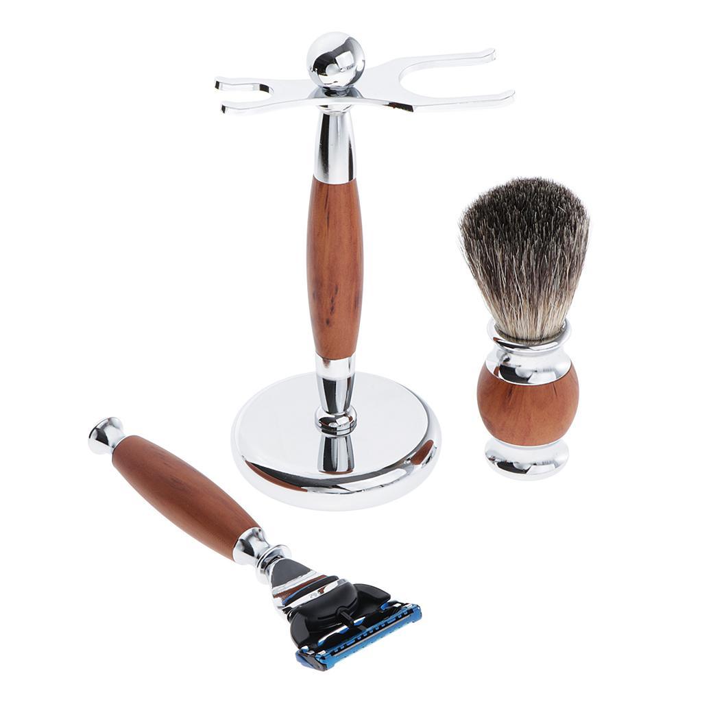 Zinc Alloy + Wood Mens Shaving Kit Gift Set W/5 Layer Blade Razors Brush & Stand Holder