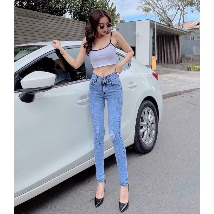 Quần Jeans Nữ Rách Màu Xanh Nhạt Lưng Cao Co Giãn