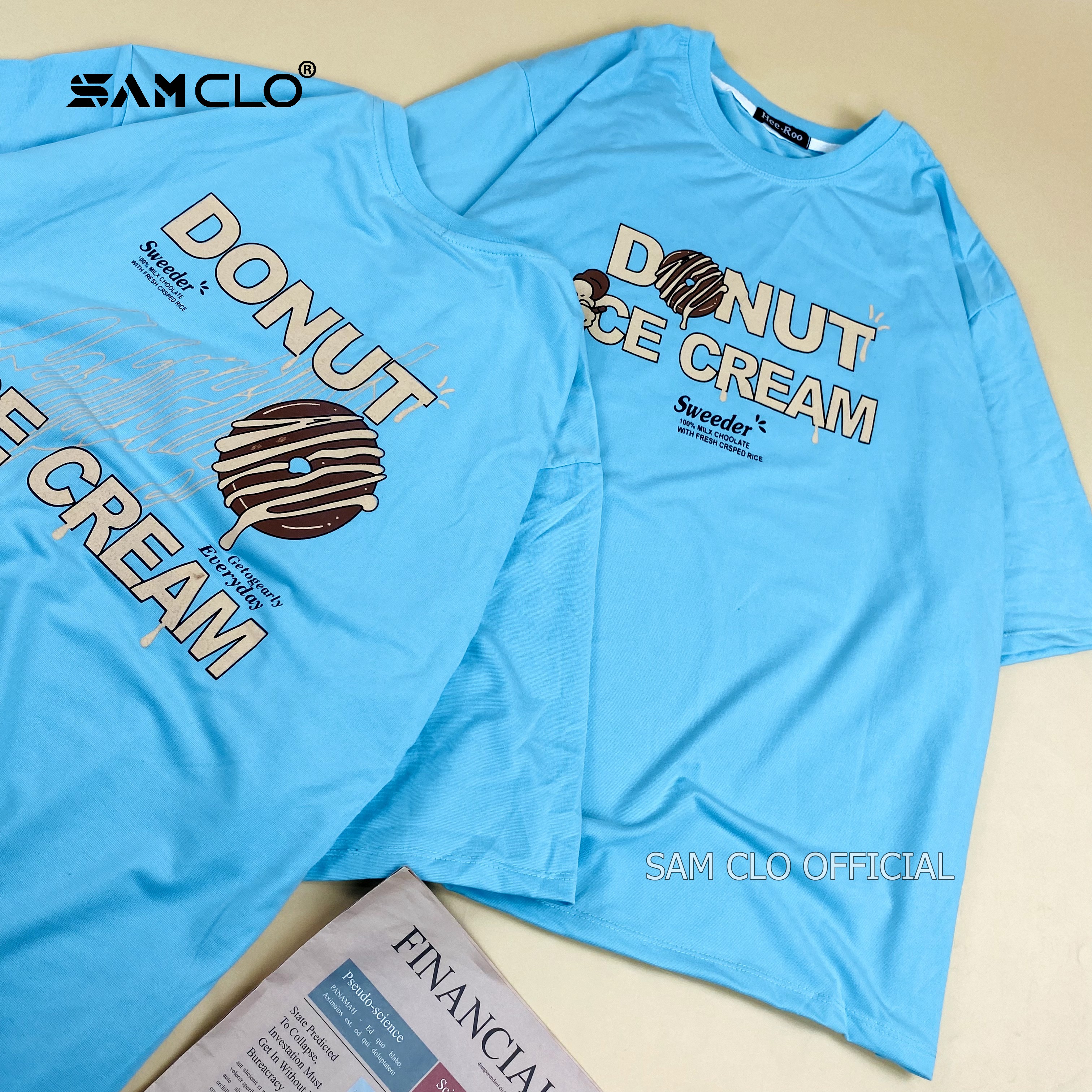 Áo thun tay lỡ nữ SAM CLO freesize phông form rộng dáng Unisex - mặc cặp, nhóm, lớp in hình bánh DONUT ICE CREAM màu xanh dương