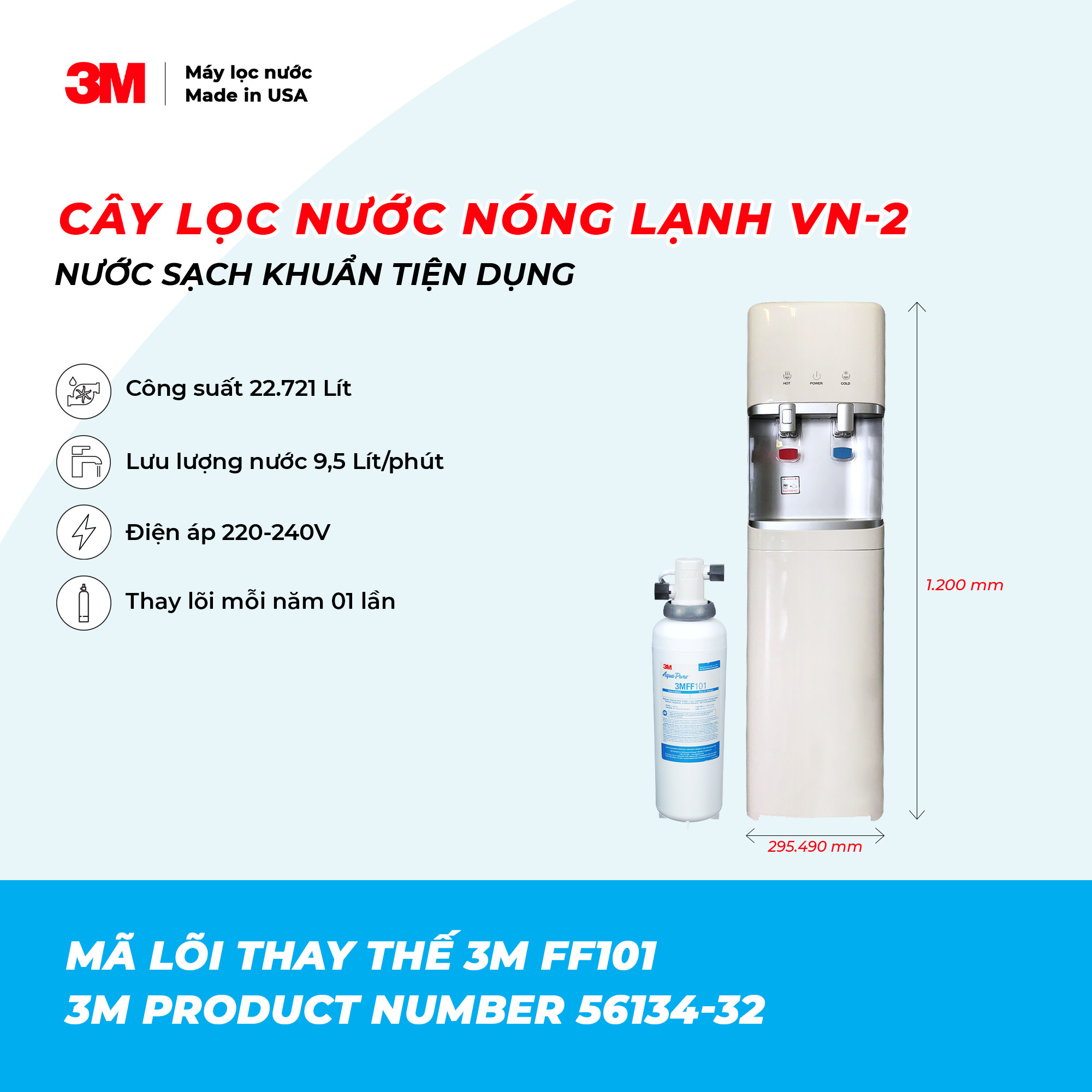 Combo Máy Lọc Nước 3M FF100 + Thân Máy Nóng / Lạnh (Model VN-1) - Công Nghệ Lọc IMPACT -  Lưu Lượng Nước 9,5 Lít/phút - Công Suất Lọc 22.712 Lít - Hàng Chính Hãng 3M