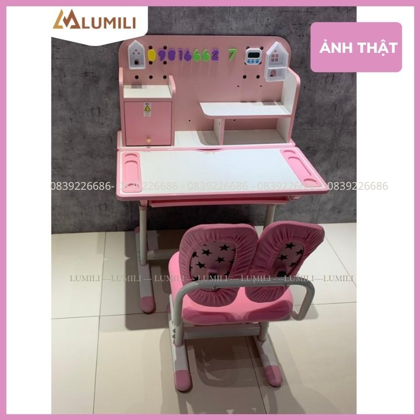 Bàn ghế học sinh Lumili R16 có giá sách, bộ bàn học chống gù thông minh kèm kệ sách cho trẻ em điều chỉnh nâng hạ độ cao