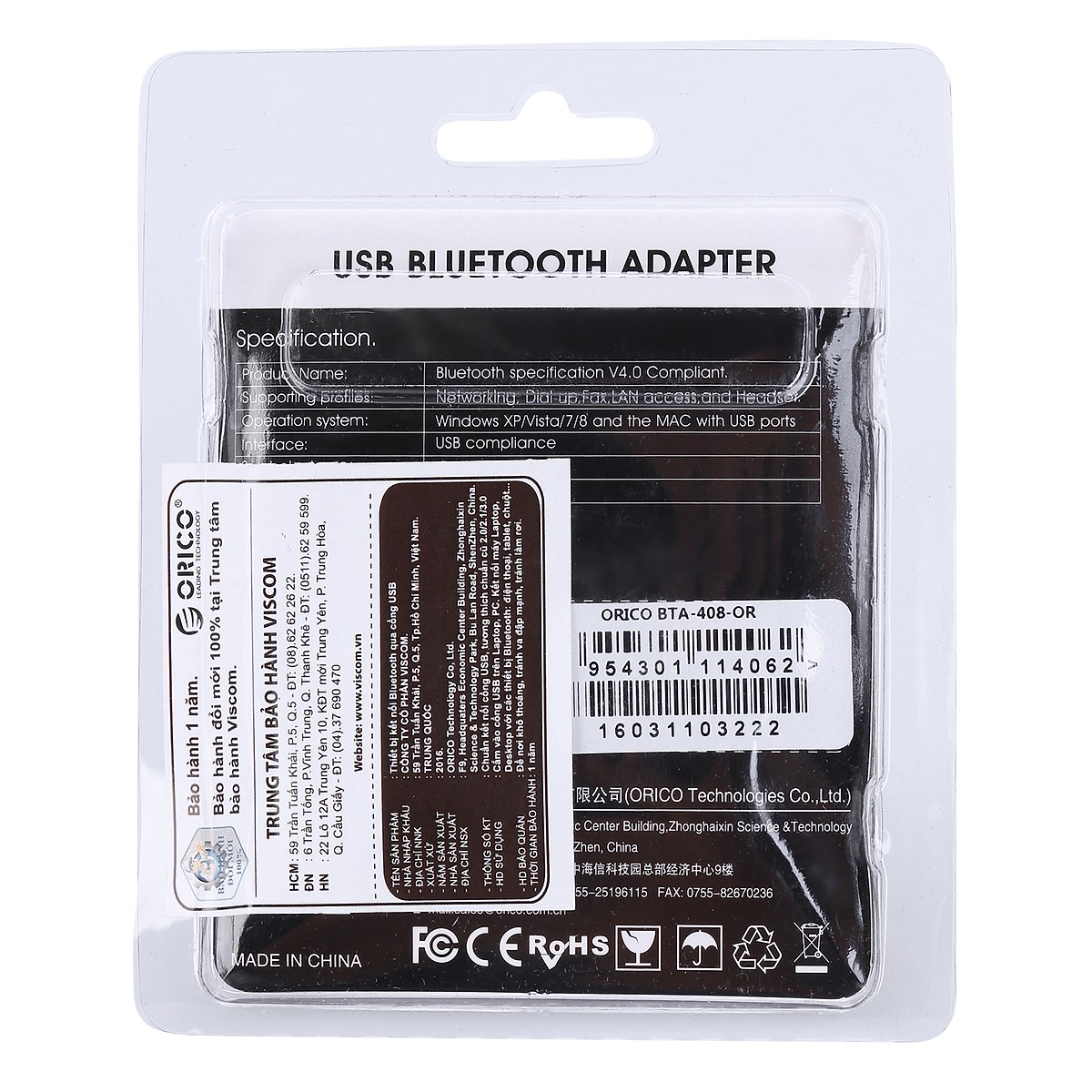 USB Bluethooth 4.0 cho PC-Laptop Orico BTA - Hàng Chính Hãng