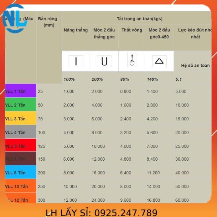 Dây cáp vải cẩu hàng 1 Tấn - bản 25mm - Hệ số 5:1 - 6 Mét
