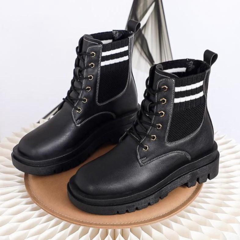 Freeship Giày bốt cổ thấp Martin cho nữ, boots cổ thấp có dây màu đen cổ tròn phối len