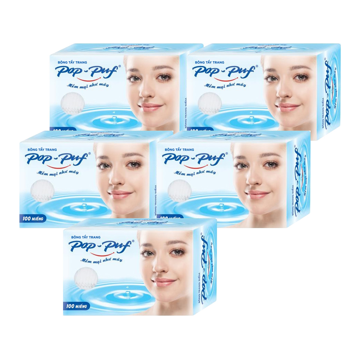 Lốc 5 hộp Bông Tẩy Trang Pop-puf ép biên (100 miếng x 5)