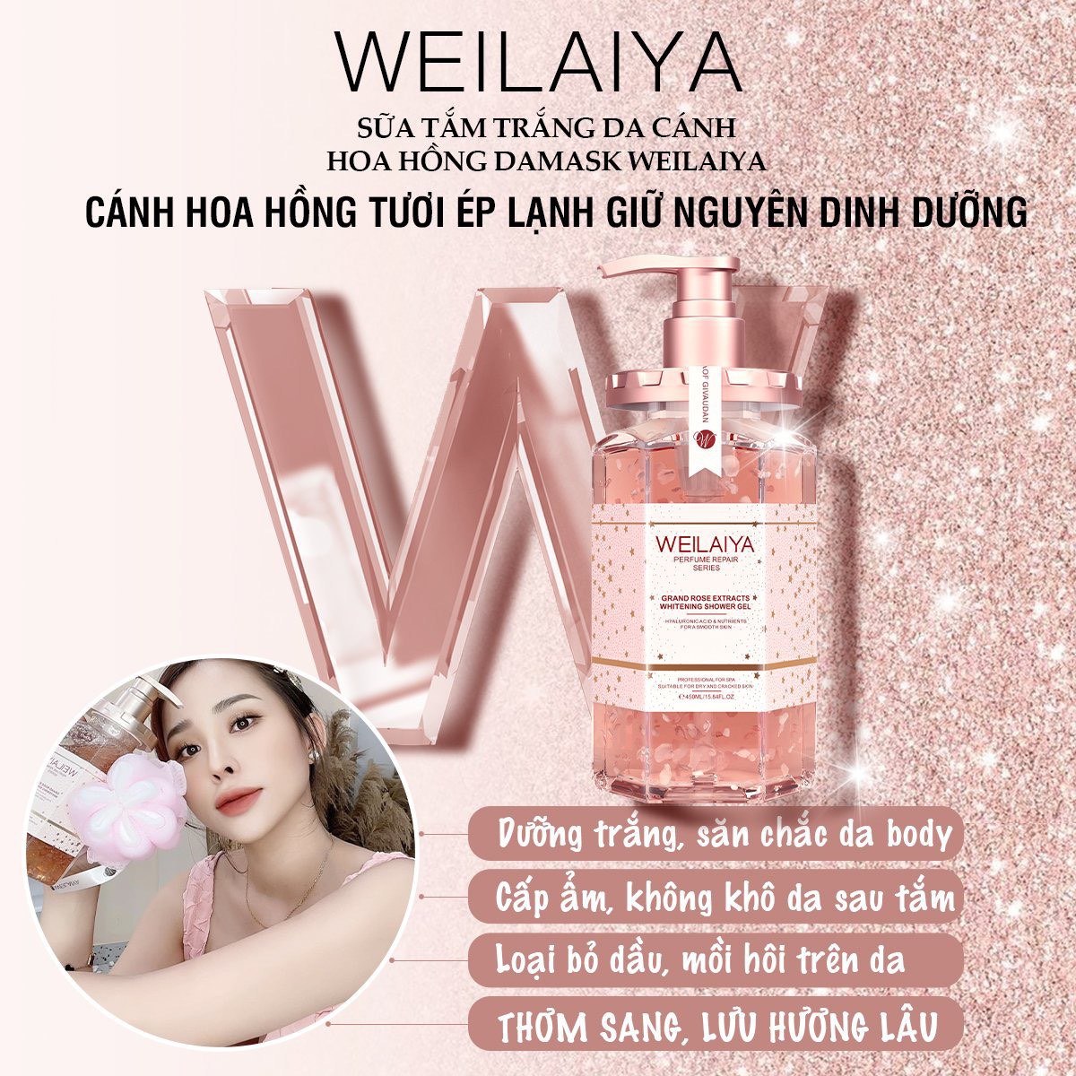 Mini Sữa tắm trắng da cánh hoa hồng Damask Weilaiya 9ml