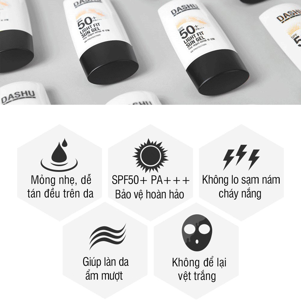 Kem chống nắng dạng Gel DASHU Daily Light Fit Sun Gel SPF50+ PA+++ 50ml Bảo vệ toàn diện Thấm nhanh không nhờn rít JN-KCN01