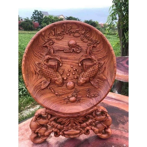 Đĩa Trang Trí Lý Ngư Vọng Nguyệt Gỗ Hương Nguyên Khối
