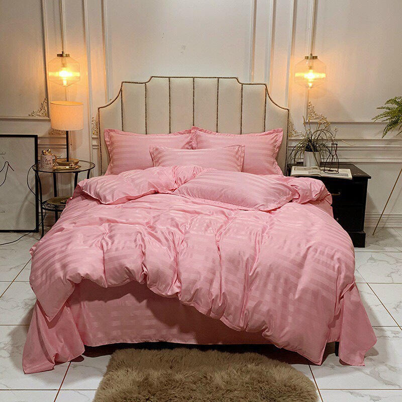 Bộ 4 Món Ga Gối Vải Cotton Lụa Sọc 3F Hàng Chuyên Cho Gia Đình Và Khách Sạn - Hồng