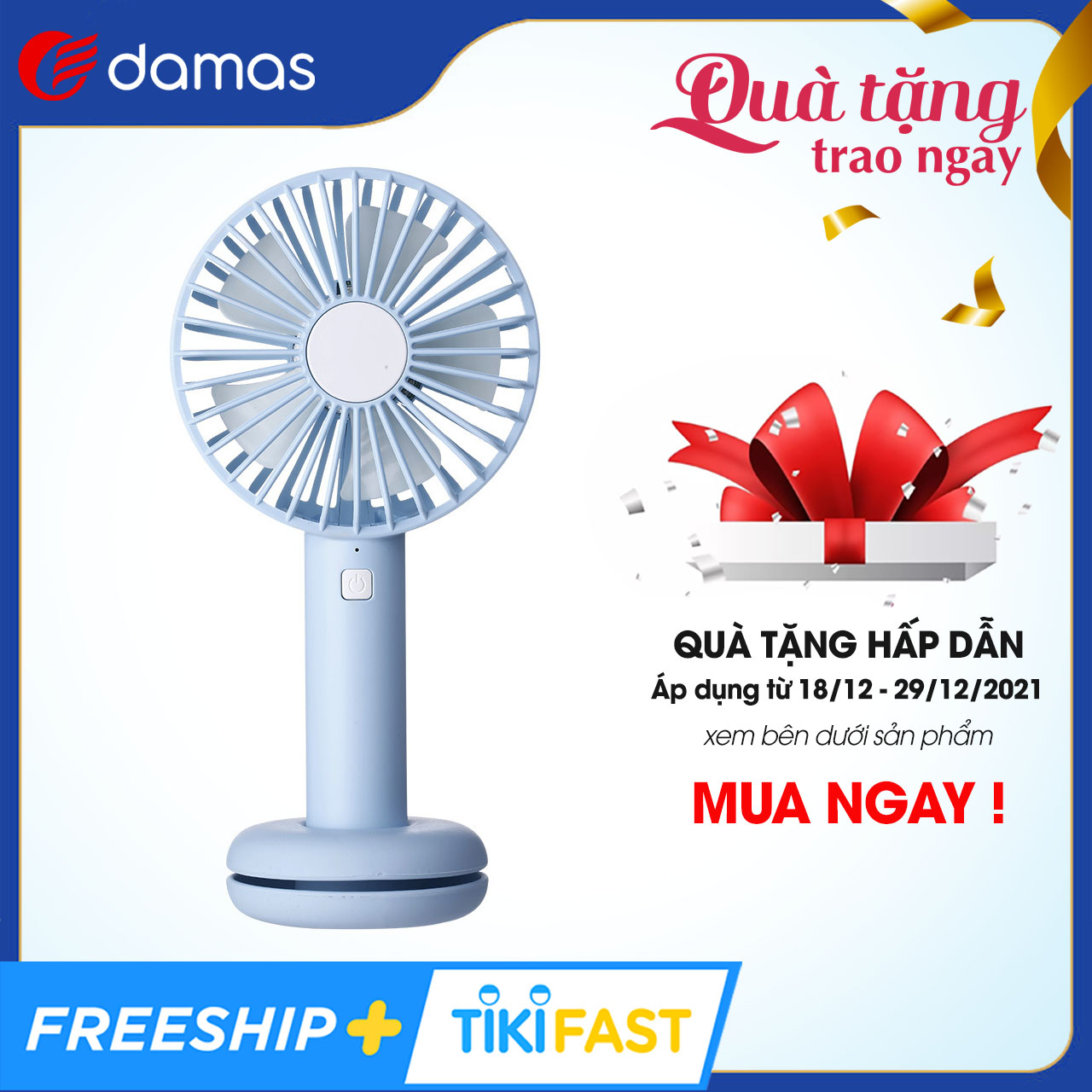 Quạt Điện Mini Cầm Tay Tích Điện Damas T9 - Thiết kế với 3 chế độ gió, đèn Led 7 màu siêu đẹp mắt, kiểu dáng nhỏ gọn tiện lợi, có thể cầm tay, để bàn tiện dụng - Hàng Chính Hãng