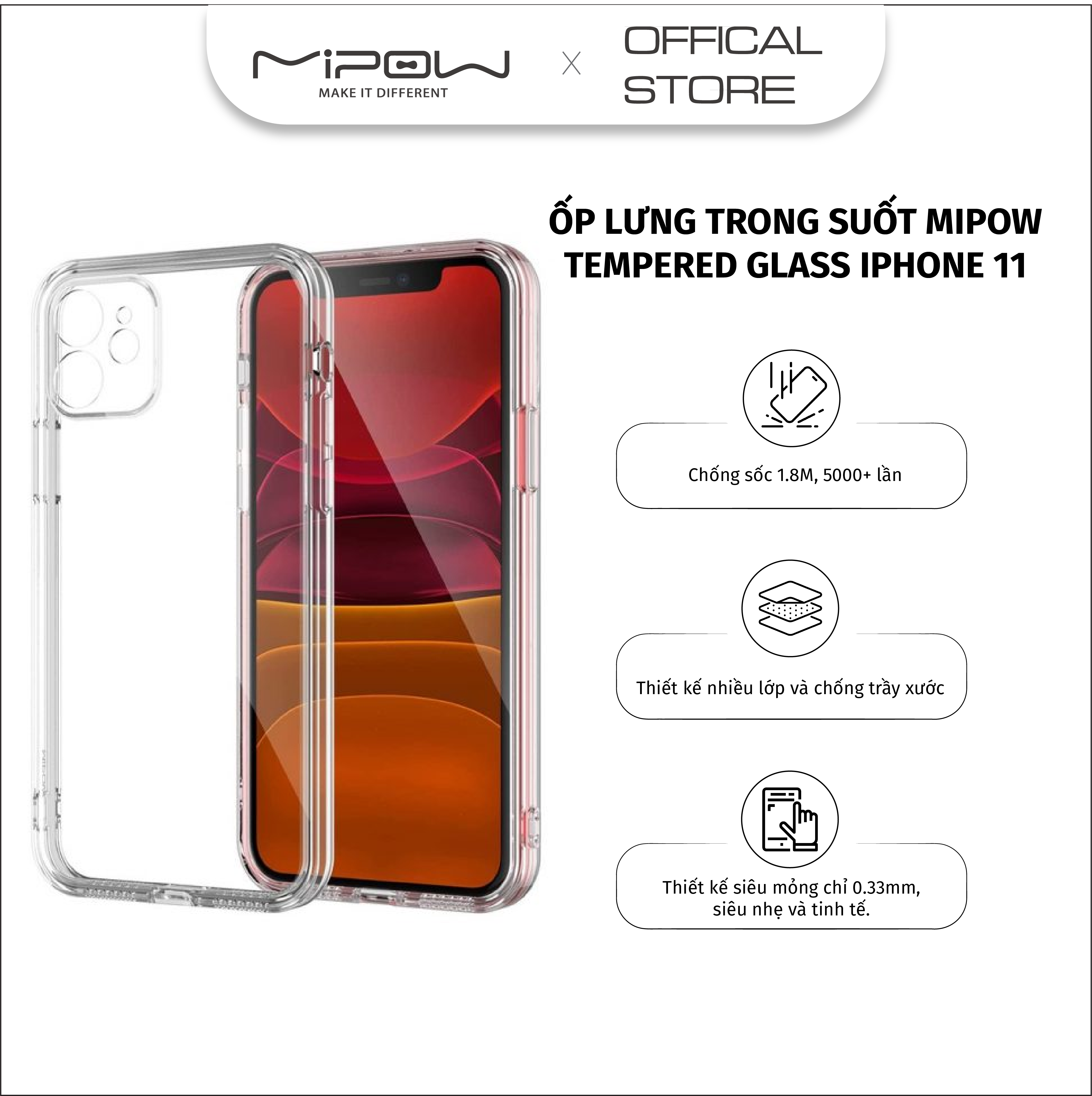 ỐP LƯNG TRONG SUỐT MIPOW TEMPERED GLASS DÀNH CHO IPHONE 11 - HÀNG CHÍNH HÃNG