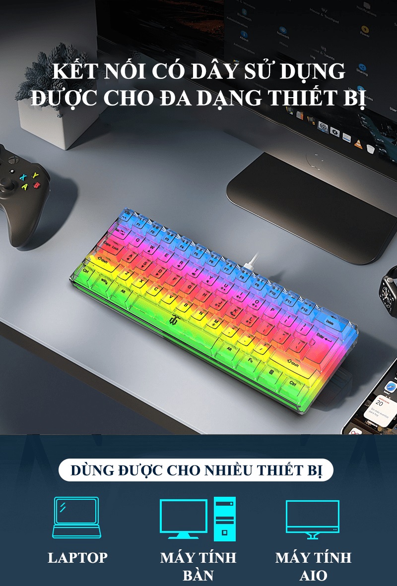 Bàn phím mini có dây XUNFOX K20 thiết kế trong suốt độc đáo với đèn led RGB cực đẹp - HN - HÀNG CHÍNH HÃNG