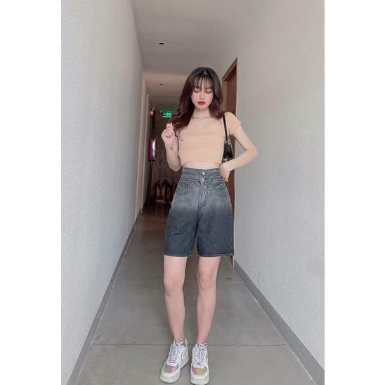 Quần jean ngố trơn lưng cao 2 nút