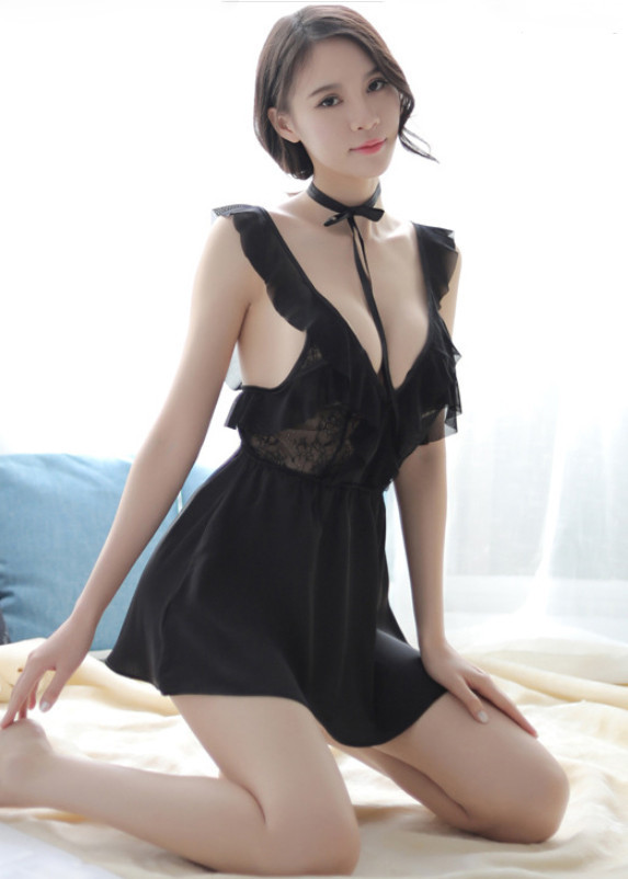 Váy ngủ lụa sexy xẻ sau lưng siêu gợi cảm - Đen