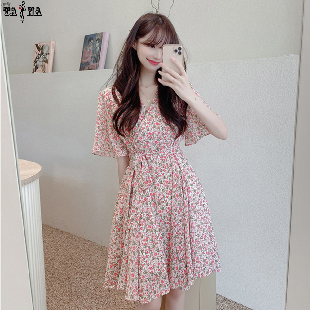 Váy đầm voan hoa văn kiểu Hàn Quốc dáng xòe vintage dự tiệc, dạo phố