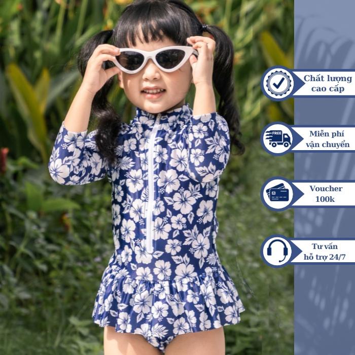 Đồ bơi áo tắm em bé BIKINI PASSPORT KID - Một mảnh tay dài váy bèo ngắn - Xanh navy - KD016_NV