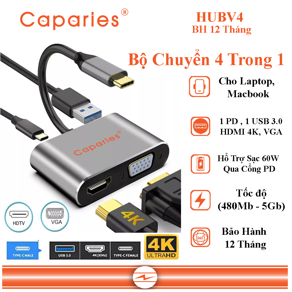 Bộ Hub Chuyển Đổi Đa Cổng 4 Trong 1 Caparies HUBV4 Dành Cho Máy Tính Xách Tay MacBook Pro &amp; Type C Windows - Hàng Chính Hãng