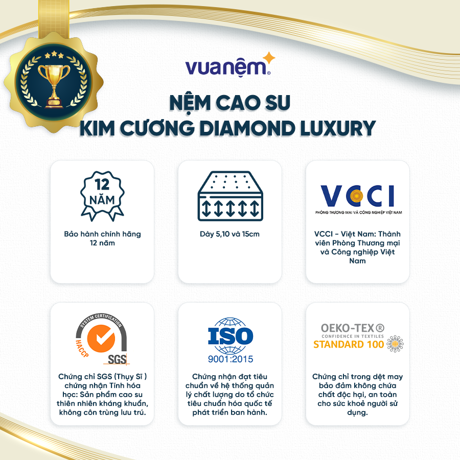 Nệm cao su cuộn hút chân không Kim Cương Diamond Luxury 100% cao su thiên nhiên, an toàn cho sức khoẻ, bảo vệ cột sống