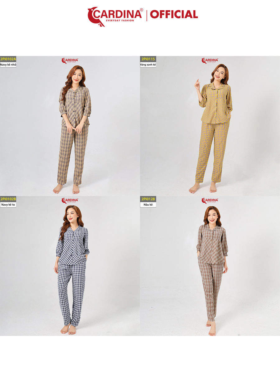 Đồ Bộ Pijama Nữ CARDINA Chất Thô Kẻ Nhật Cao Cấp Áo Tay Lỡ Quần Dài Đơn Giản Nhẹ Nhàng 2Pi01