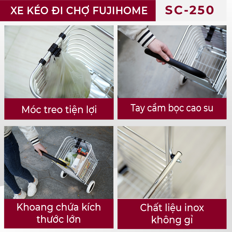 Xe kéo đi chợ đa năng FUJIHOME SC-250 tải trọng 40-50kg, Có thể gấp gọn, Chất liệu hợp kim cao cấp sáng bóng độ bền cao