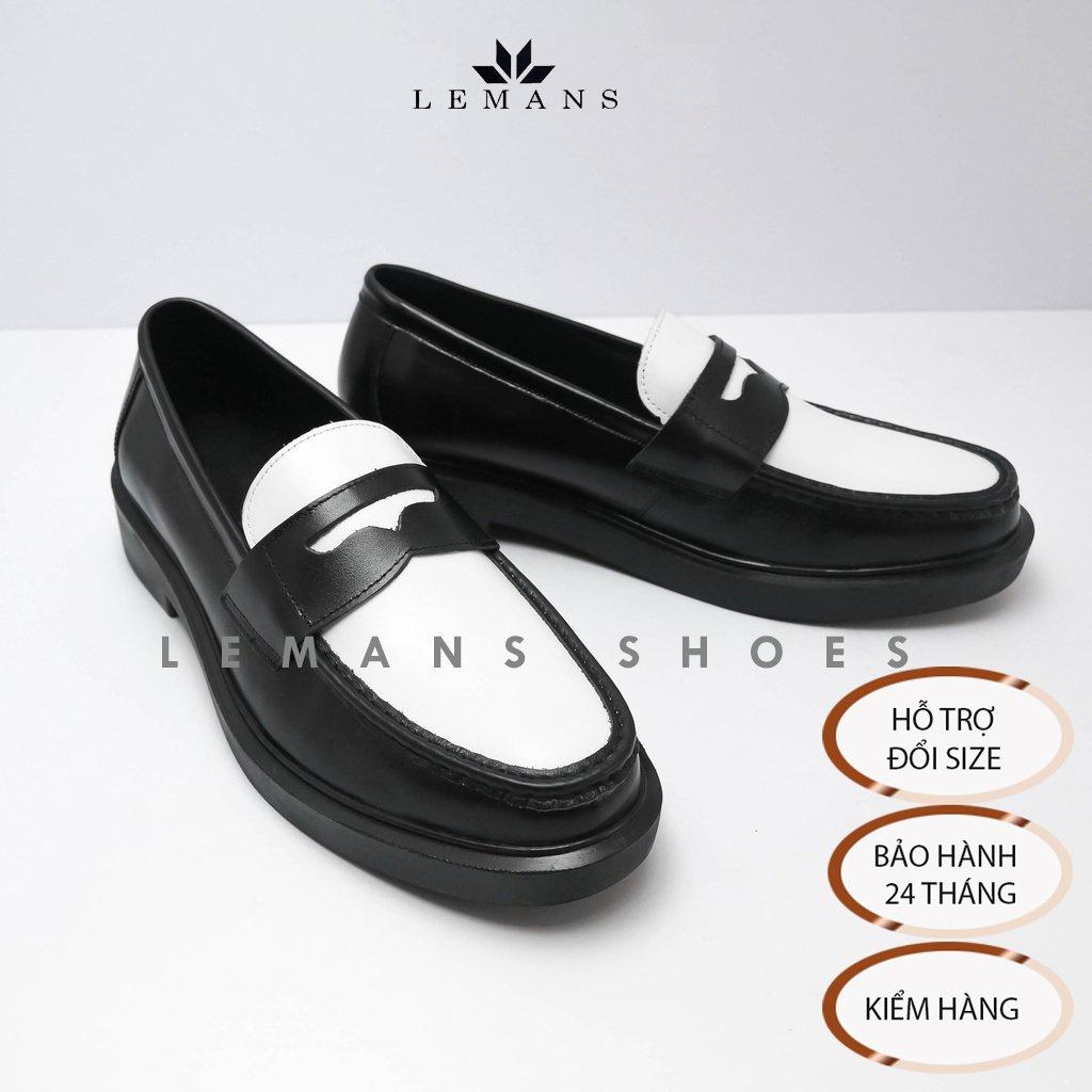 Giày da bò Penny Loafer Black White LEMANS, da bò thuộc nguyên tấm, tăng chiều cao 4cm, bảo hành 24 tháng