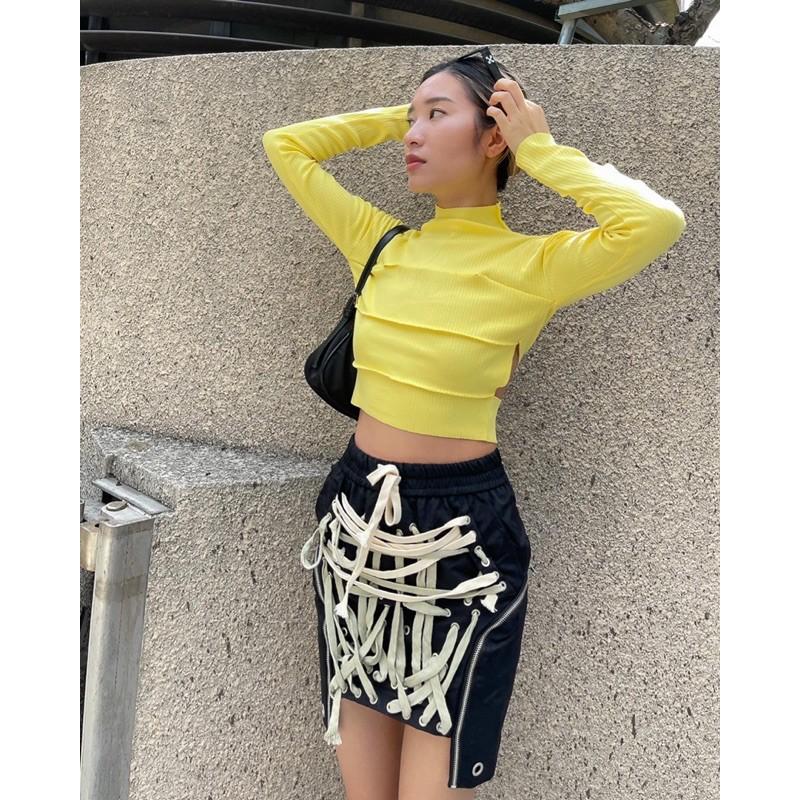 Áo dài tay Croptop - Áo thun nữ cổ lọ dài tay xẻ ngang ngực