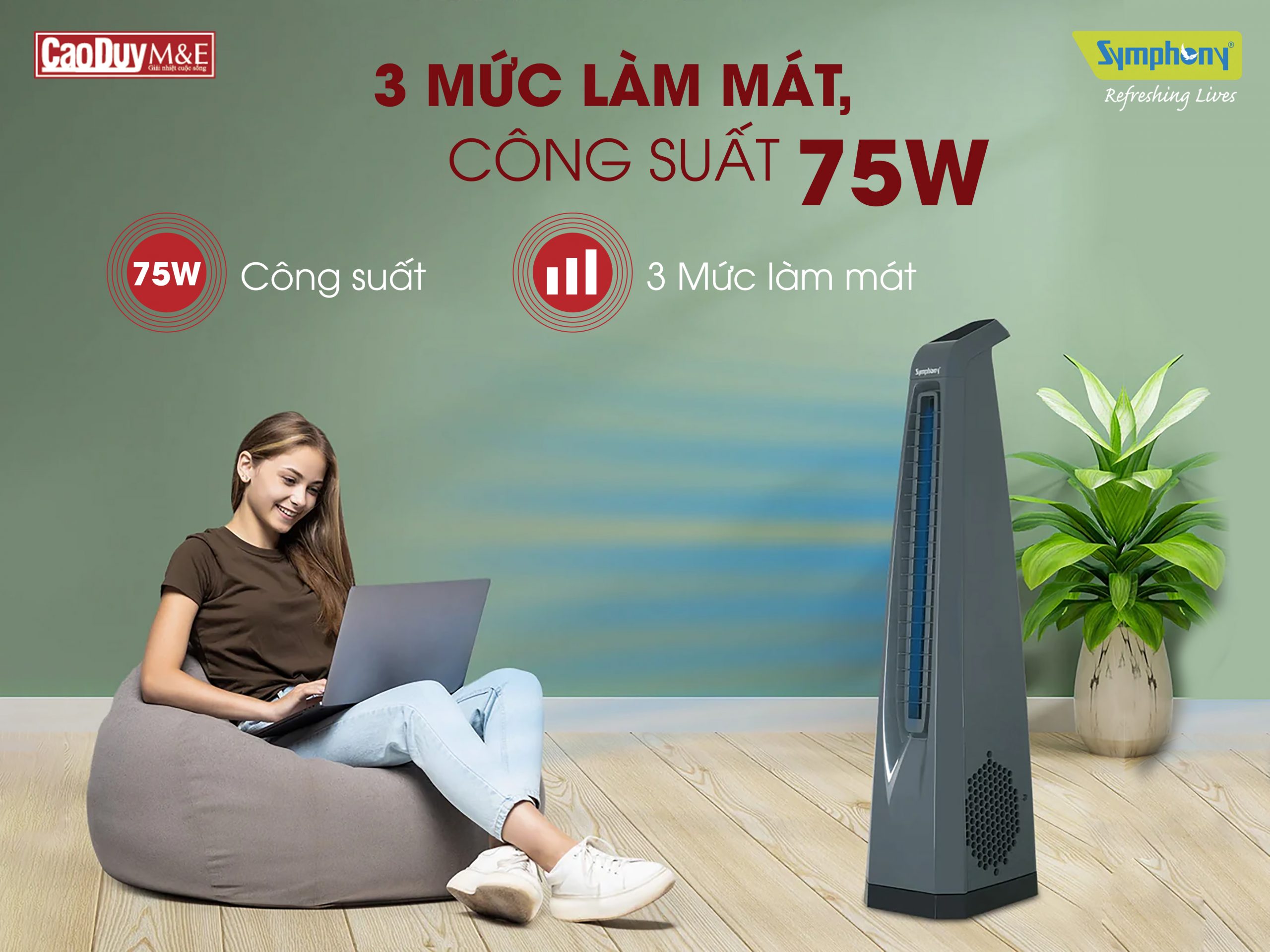 Quạt tháp Symphony Surround i-W màu trắng nhập khẩu Ấn Độ 75W điều khiển từ xa hẹn giờ lọc bụi - Hàng chính hãng