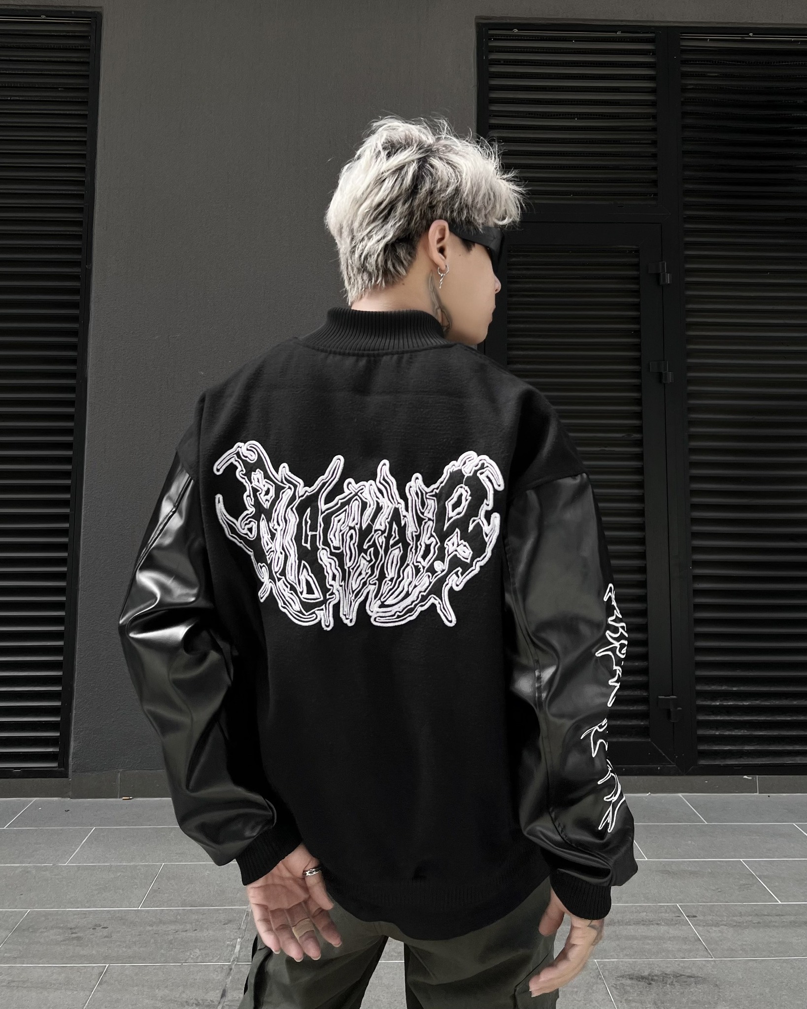 Áo khoác Bomber tay da Black Wide , varsity jacket nam nữ chất dạ 2 lớp , áo khoác bóng chày local brand unisex - Gin Store