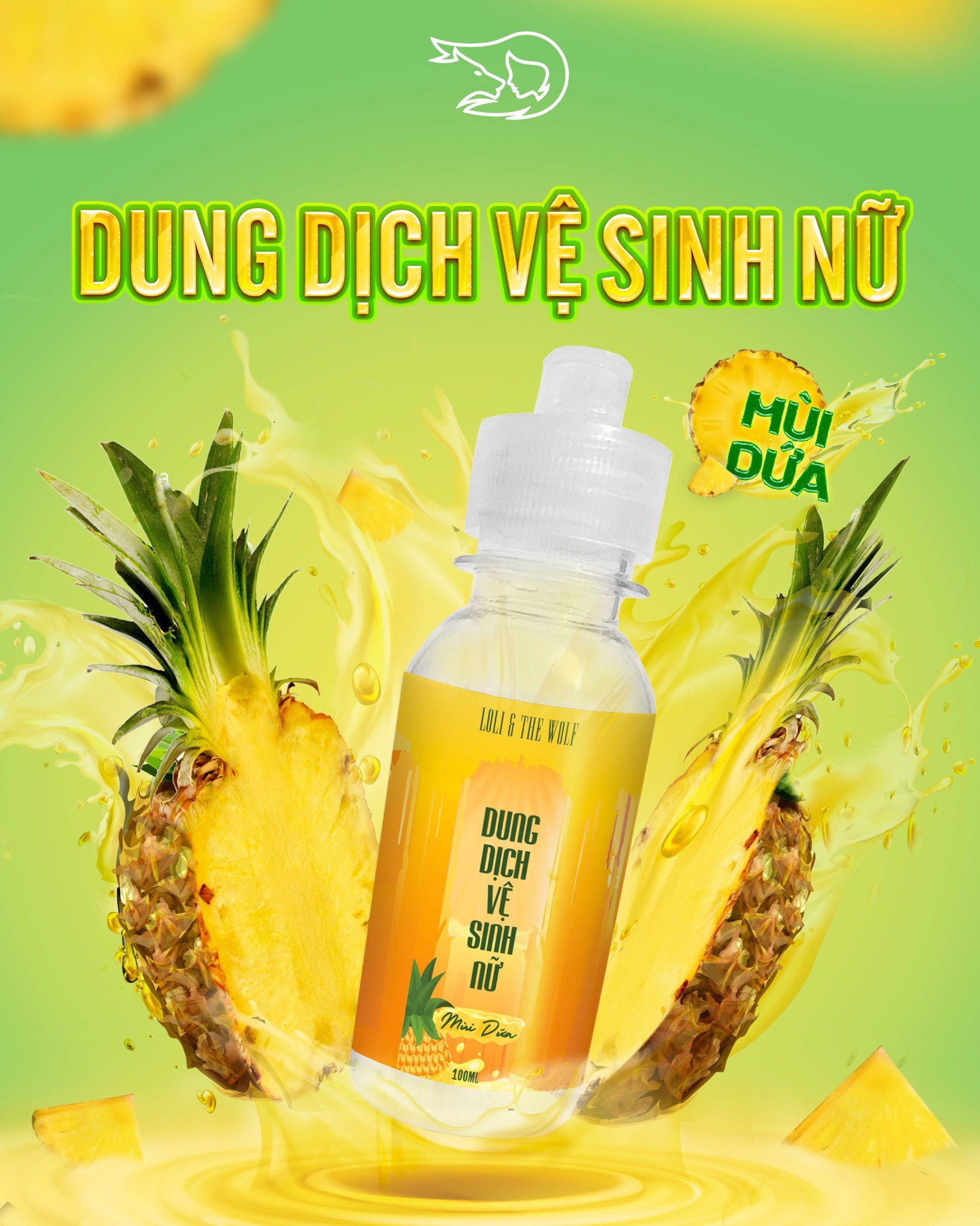 Dung dịch vệ sinh phụ nữ mùi dứa thành phần tự nhiên chai 100ml  LOLI & THE WOLF Tặng Kèm Mút Rửa Mặt