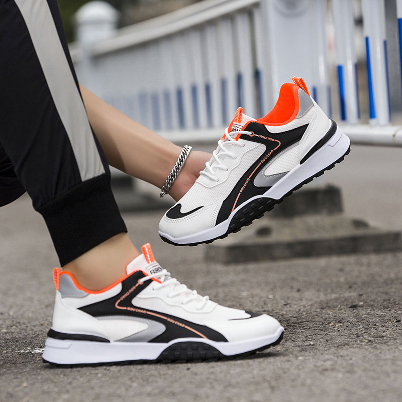 Giày Thể Thao Nam GEMI - Giày Sneaker Màu Trắng Viền Đen - Đen Viền Trắng, Giày Thể Thao Vải Lưới Trên, Kết Hợp Màu Trắng, Mũi Giày Tròn - G5115