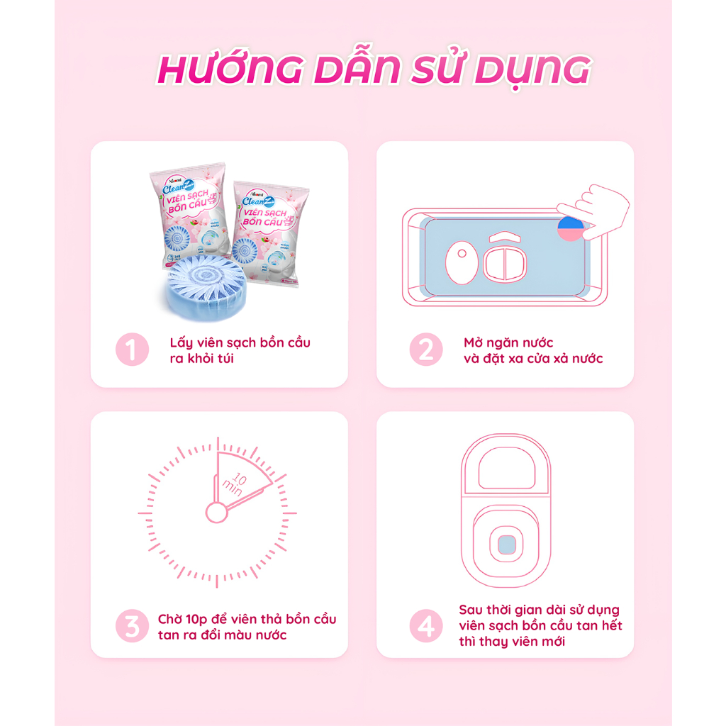 Viên thả bồn cầu CleanZ sạch khuẩn thơm mát tẩy sạch mảng bám khử mùi diệt vi khuẩn toilet thế hệ mới hương đào 50g/gói