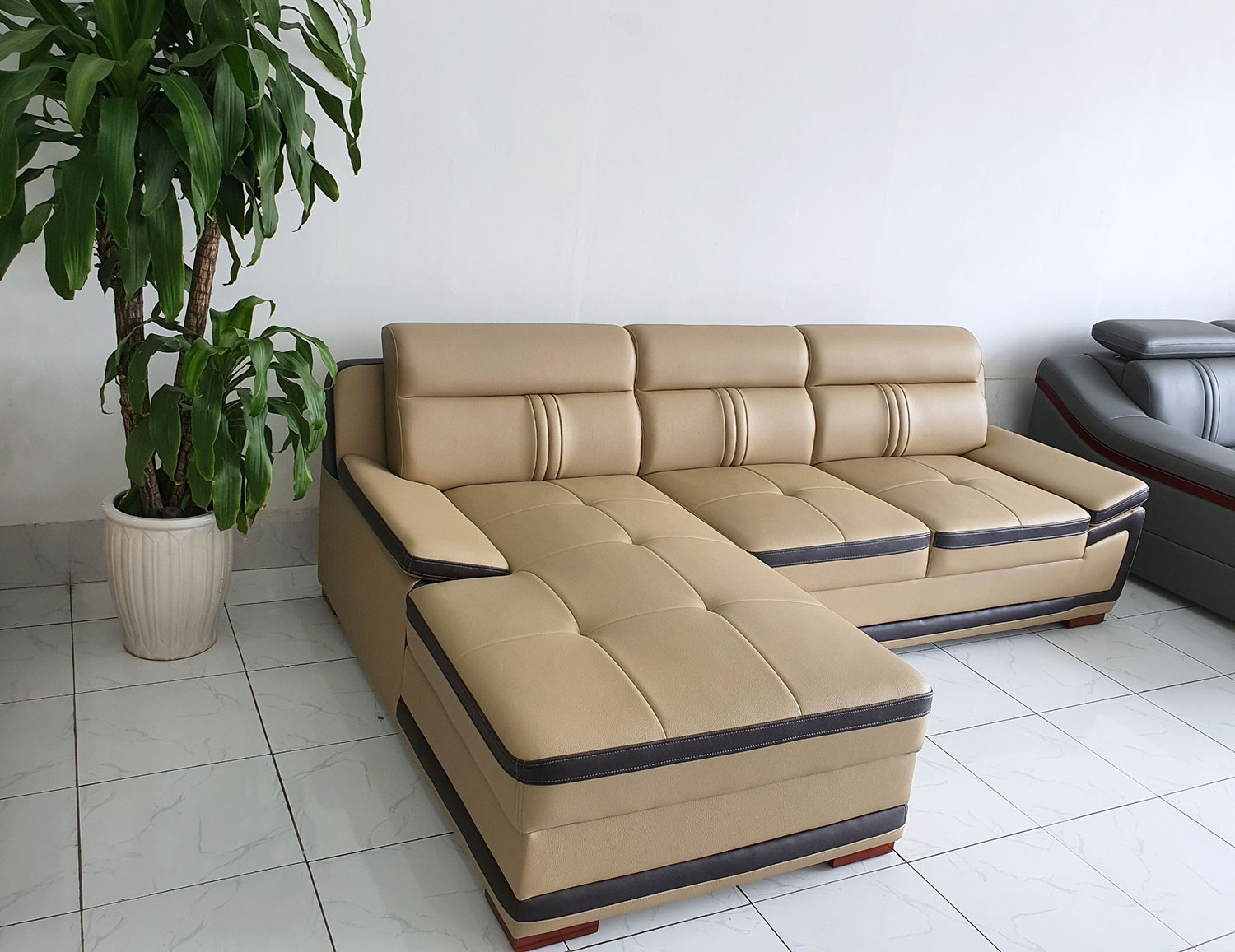 Ghế Sofa Góc L Phối Viền Trẻ Trung_Màu Kem Viền Nâu_Size 2500 x 1600