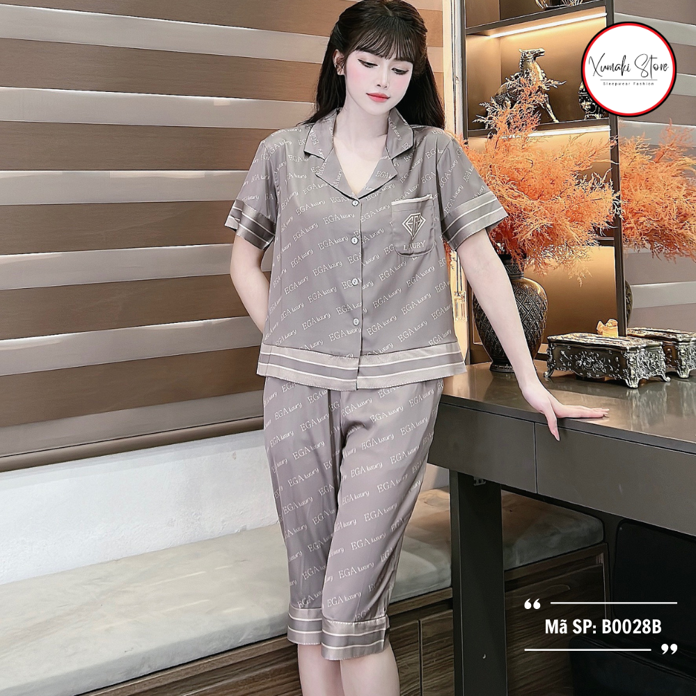 Bộ pyjama nữ áo cộc quần ngố họa tiết chữ chất lụa cao cấp nhiều màu Xumaki Store BO028B
