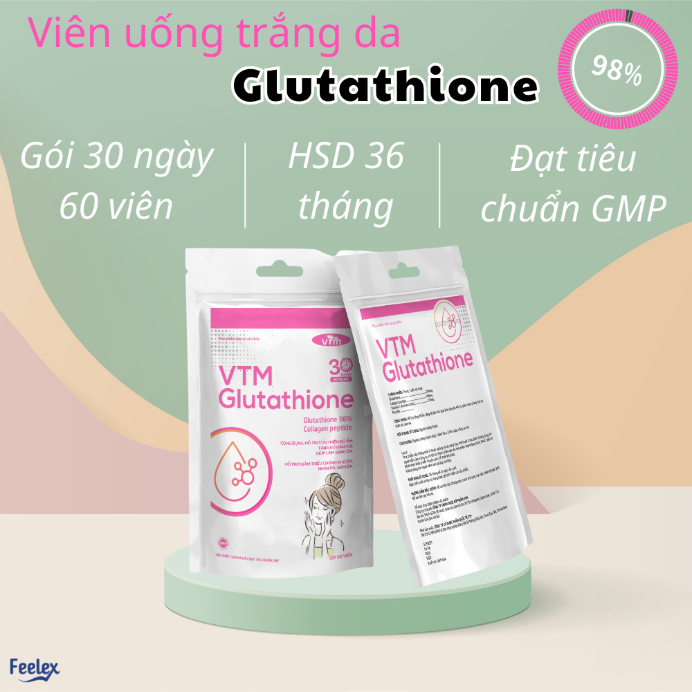 Viên uống Glutathione VTM hỗ trợ làm sáng da, hỗ trợ giảm triệu chứng khô da, nhăn da, nám da - gói 30 ngày