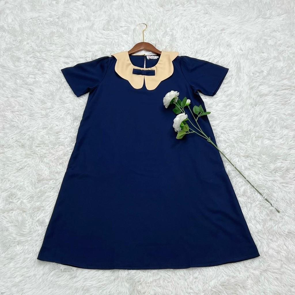 Đầm bầu công sở cổ sen phối nơ chất cotton lạnh phom suông gọn dáng thanh lịch - Xanh đậu