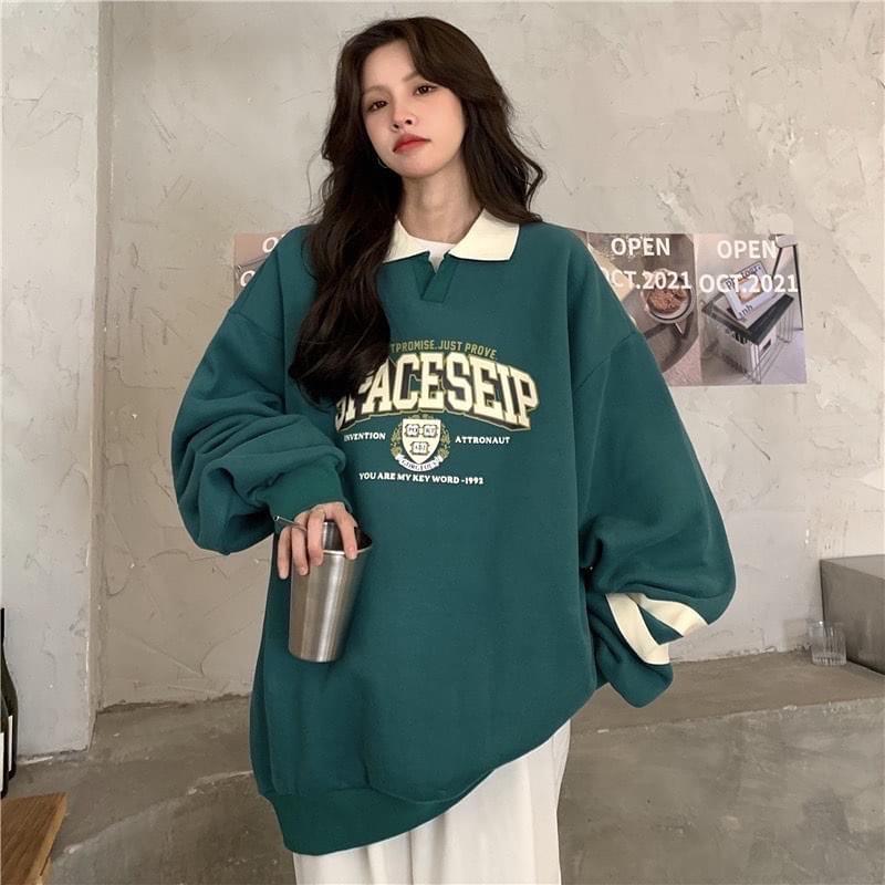Áo Sweater Polo Nỉ Bông Unisex SPACESHIP màu XANH form rộng ️ Chất nỉ form nam nữ unisex/Áo tay dài có cổ Jaystoree