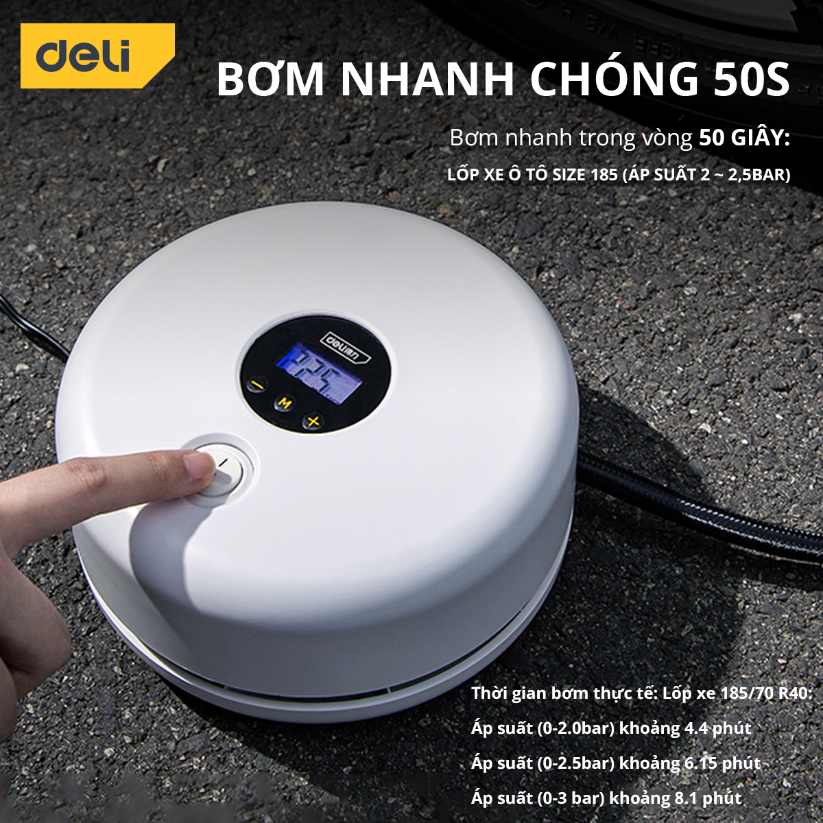 Máy Bơm Lốp Xe Ô Tô Deli Chính Hãng - Bơm Nhanh, Phát Hiện Áp Suất Lốp Thời Gian Thực, Màn Hình LCD - Nhỏ Gọn - DL880180