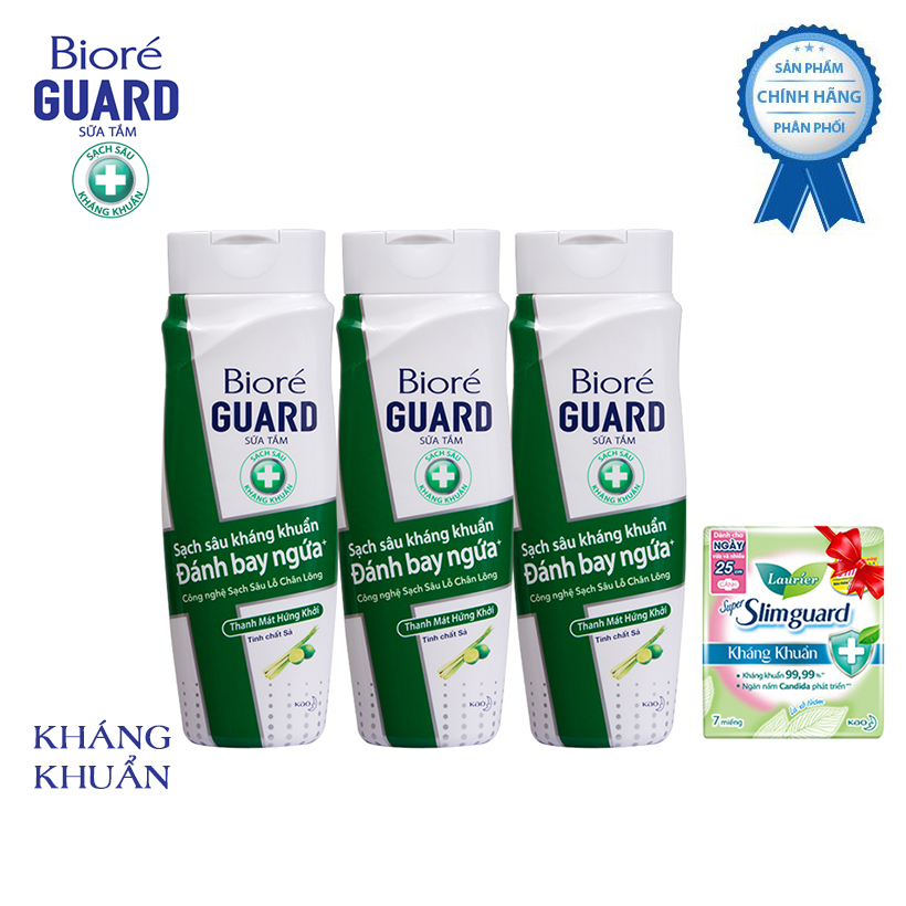 Bộ 3 Sữa Tắm Sạch Sâu Kháng Khuẩn Thanh Mát Hứng Khởi Biore Guard 220g Tặng 1 Băng vệ sinh siêu mỏng Laurier 7 Miếng