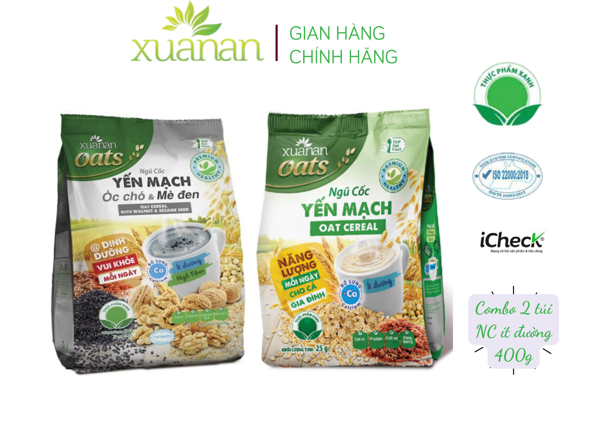 Combo Ngũ Cốc Yến Mạch Óc Chó Và Mè Đen 400G + Ngũ Cốc Yến Mạch 400G [ít đường]