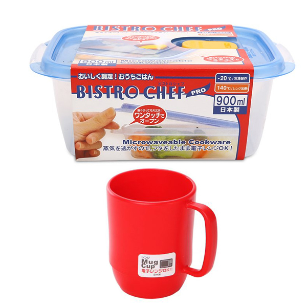 Combo hộp đựng thực phẩm chịu nhiệt lò vi sóng Bistro Chef Pro 900ml + cốc nhựa uống nước Inomata cao cấp nội địa Nhật Bản