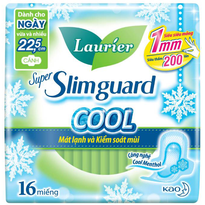 Băng Vệ Sinh Laurier Super Slimguard Cool Mát Lạnh &amp; Kiểm Soát Mùi 22,5cm - 16 Miếng