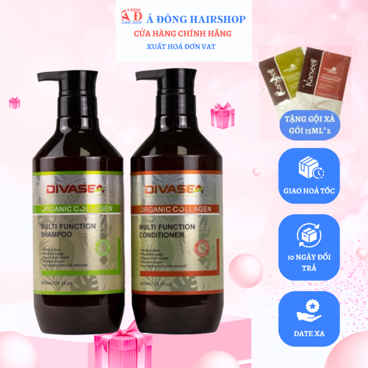 Dầu gội xả hữu cơ Divasea Oganic Collagen phục hồi mềm mượt giảm gãy rụng 800ml + Gội xả gói Karseell 15ml